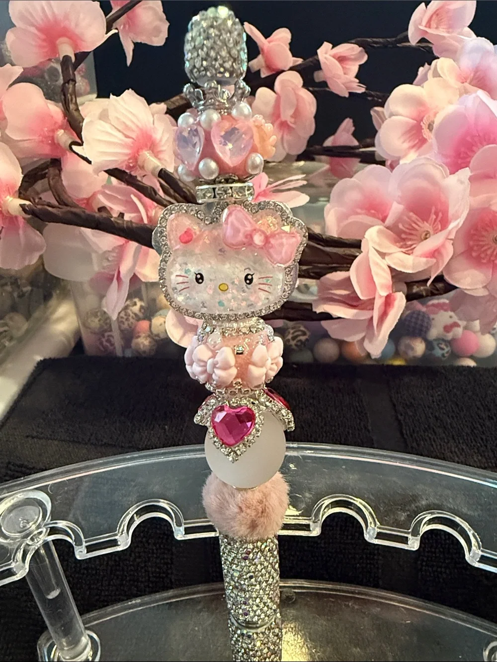 Sparkling Pink Beaded Decorative Pen with Heart Charm